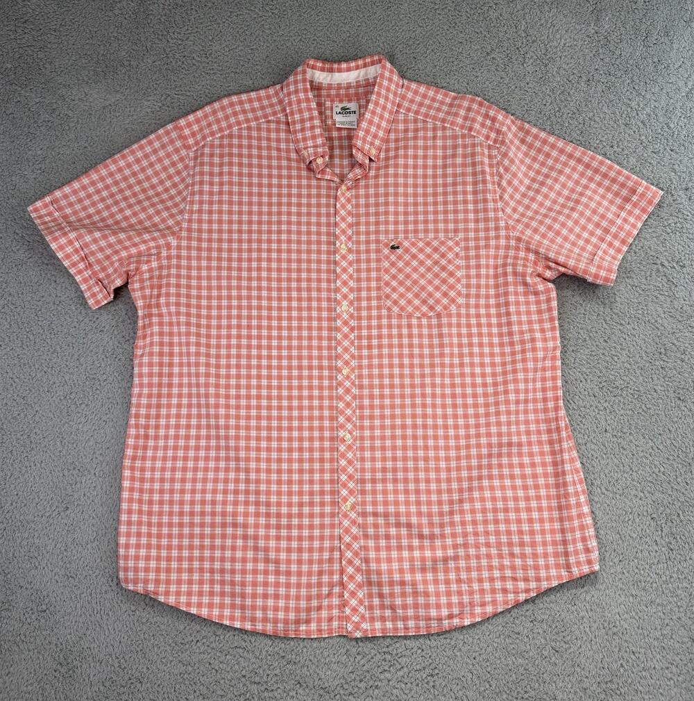 Lacoste Men's Slim Fit Pink Orange Plaid Short Sleeve Button Down Shirt Size 45